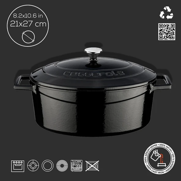 Lava Döküm Oval Tencere. Folk Serisi Ölçü 21x27cm. Siyah - 4