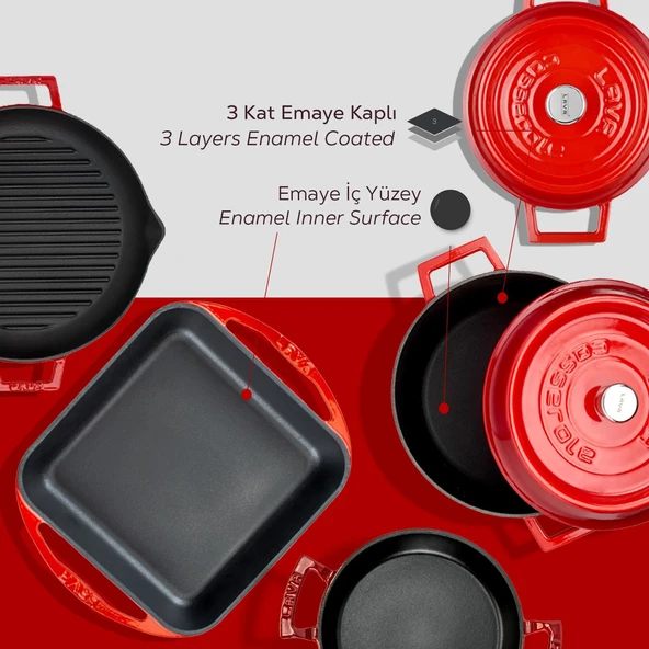 LAVA Döküm Beyaz Ahşap Sandık Hediyeli Çeyiz Seti  Kırmızı - Resim 5