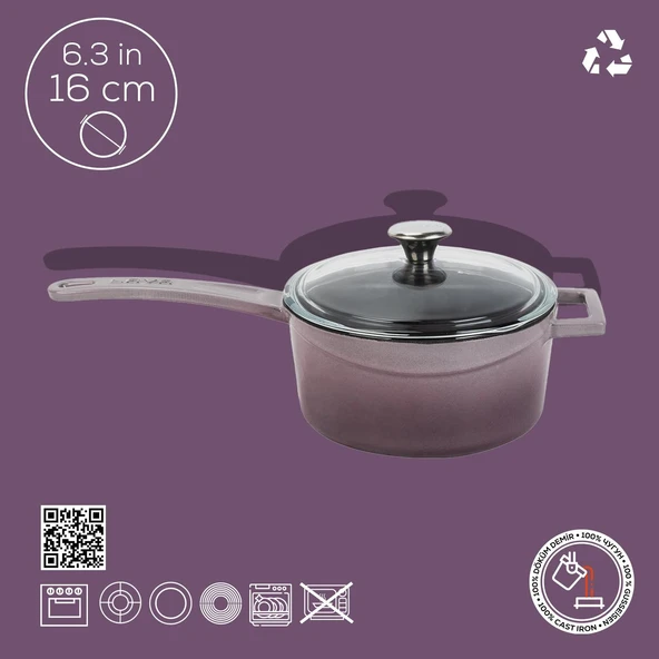 Lava Döküm Yuvarlak Sos Tenceresi Cam kapaklı, Metal Saplı. Glaze Serisi Çap(Ø16 cm.  Mor - 4