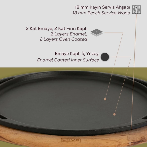 Lava Döküm Yuvarlak Pizza Krep Pankek Tavası Döküm Demir Yekpare Çift Kulplu Kayın Servis Ahşabı Çap(Ø)20cm. - Resim 6