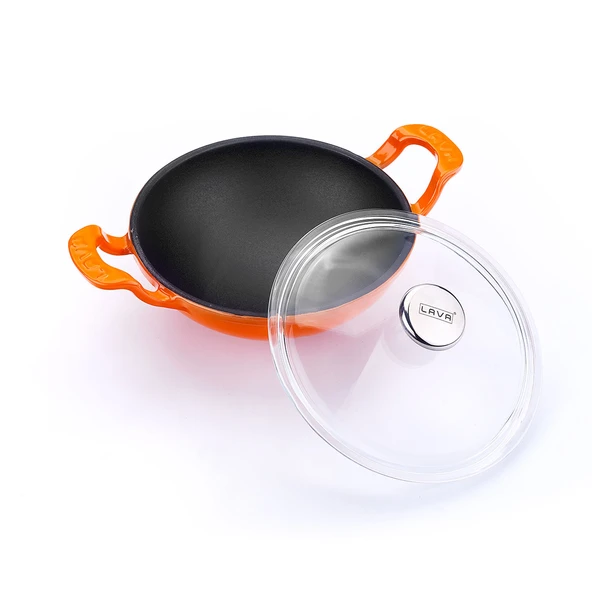 Lava Döküm Mini Wok Yekpare Kulplu Cam Kapaklı Çap(Ø)16cm.  Turuncu - 2