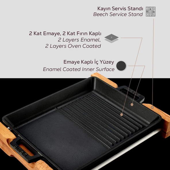 Lava Döküm Dikdörtgen Hibrit Izgara Tavası Kayın Servis Ahşabı Döküm Demir Yekpare Çift Kulplu Ölçü 26x32cm. - Resim 6