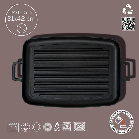 Lava Döküm Dikdörtgen Izgara Tepsi Döküm Demir Yekpare Çift Kulplu Ölçü 31x42cm. - 4