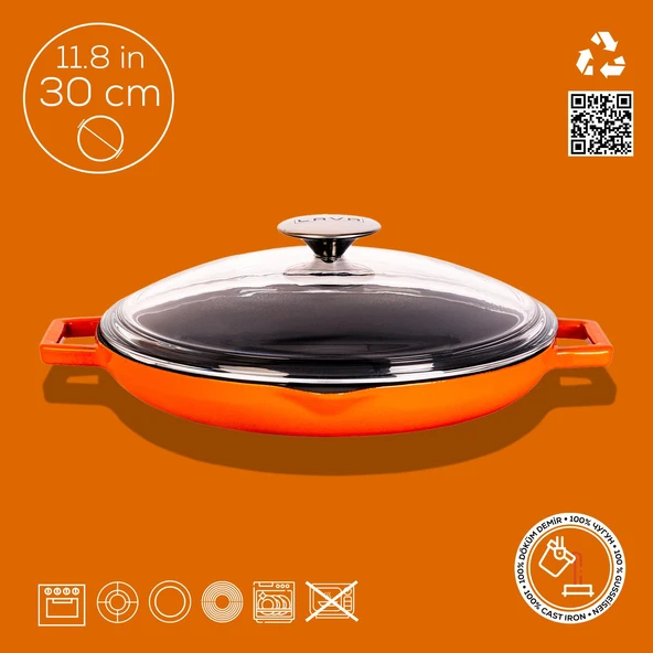 Lava Döküm Yuvarlak Kızartma Tavası Cam Kapaklı Döküm Demir Yekpare Çift Kulplu Çap(Ø)30cm.  Turuncu - Resim 2
