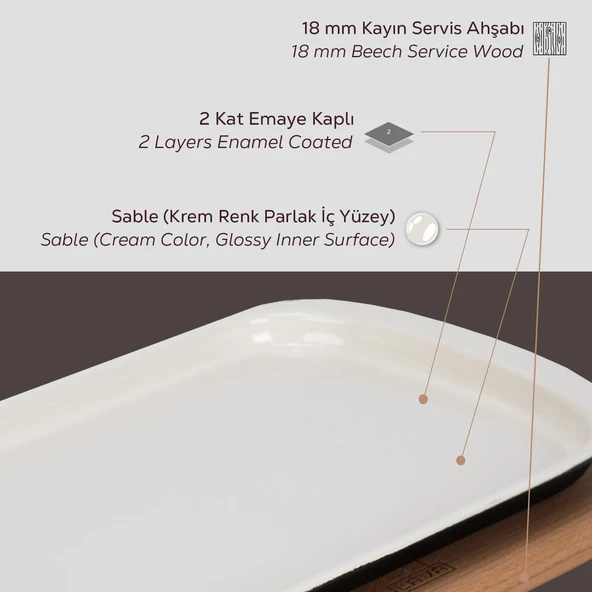 Lava Döküm Dikdörtgen Servis Tabağı ve Kayın Servis Ahşabı. Ölçü 32x20cm. - Resim 4