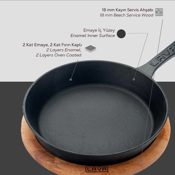 Lava Döküm Yuvarlak Kızartma Tavası Yekpare Saplı Kayın Servis Ahşabı. Çap(Ø)20cm - 6