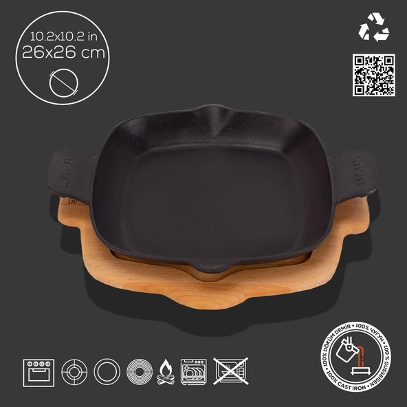 Lava Döküm Kızartma Tavası Kayın Servis Ahşabı Döküm Demir Yekpare Çift Kulplu Ölçü 26x26cm. - 2