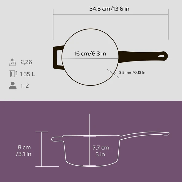 Lava Döküm Yuvarlak Sos Tenceresi Cam kapaklı, Metal Saplı. Glaze Serisi Çap(Ø16 cm.  Mor - 5
