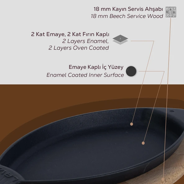 Lava Döküm Balık Tabağı Döküm Demir Yekpare Kulplu Kayın Servis Ahşabı 15x29cm. - 5
