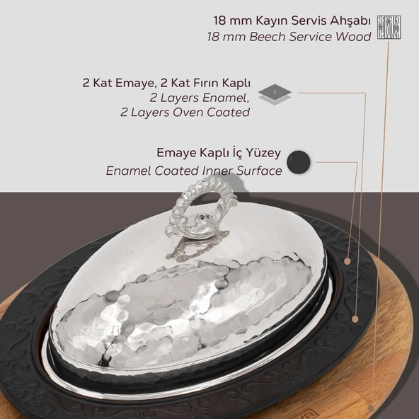 Lava Döküm Oval Döner, Kebap Tabağı Kayın Servis Ahşabı ve Bakır Dövme Formlu Kapak Ölçü 28x20cm. - Resim 4