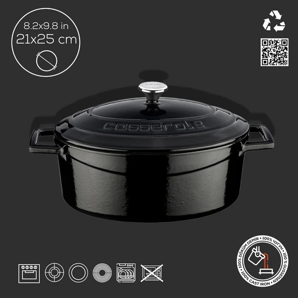 Lava Döküm Oval Tencere. Folk Serisi Ölçü 21x25cm.  Siyah - Resim 4