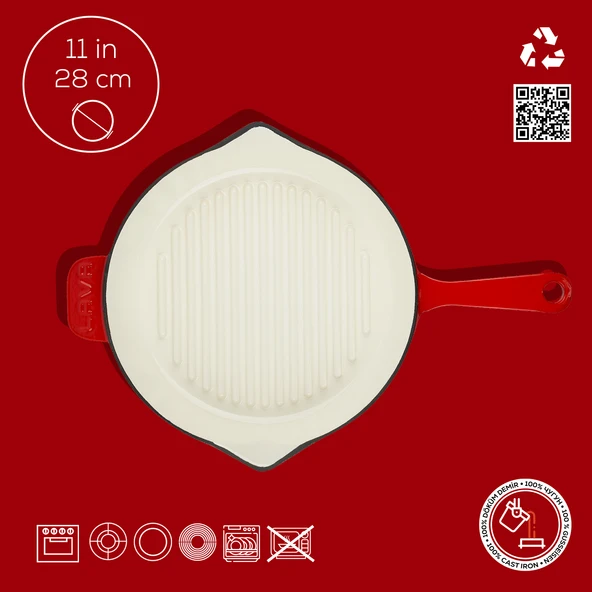 Lava Döküm Yuvarlak Izgara Tavası Döküm Demir Yekpare Saplı Edition Serisi Çap(Ø)28cm.  Kırmızı - Resim 4