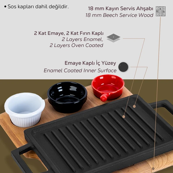 Lava Döküm Dikdörtgen Çift Yön Izgara ve Düz Yüzey Hot Plate Kayın Servis Ahşabı Ölçü 22x15cm. (Sos kapları dahil değildir.) - 5