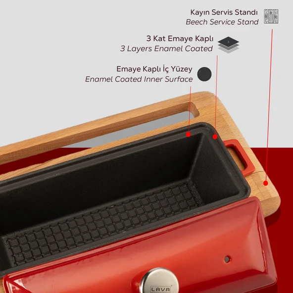 Lava Döküm Ekmek Tenceresi / Kayın Ağacı Servis Standı / Terrine Serisi. Ölçü 11x29cm.  Kırmızı - Resim 6