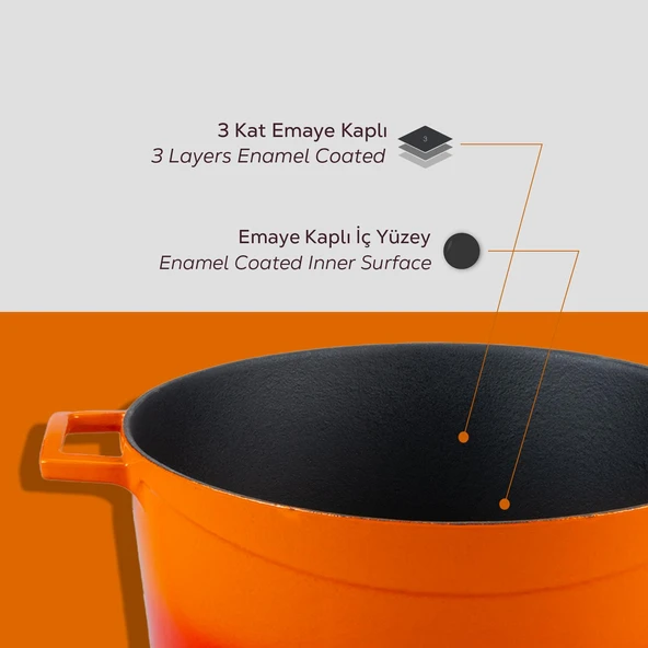 Lava Döküm Yuvarlak Tencere Cam kapaklı. Glaze Çap(Ø)28cm.  Turuncu - Resim 6