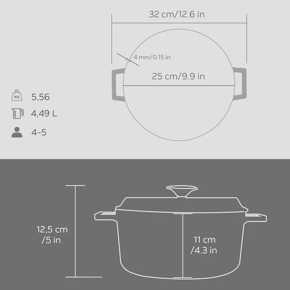 Lava Döküm Yuvarlak Tencere Döküm Demir Yekpare Kulplu Premium Serisi Çap(Ø)24cm.  Gri - Resim 5