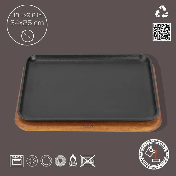 Lava Döküm Dikdörtgen Servis Tabağı Kayın Servis Ahşabı. Ölçü 34x25cm. - 3