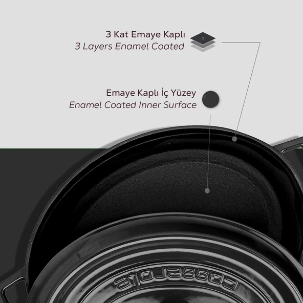 Lava Döküm Oval Tencere. Trendy Serisi Ölçü 23x29cm.  Siyah - Resim 6