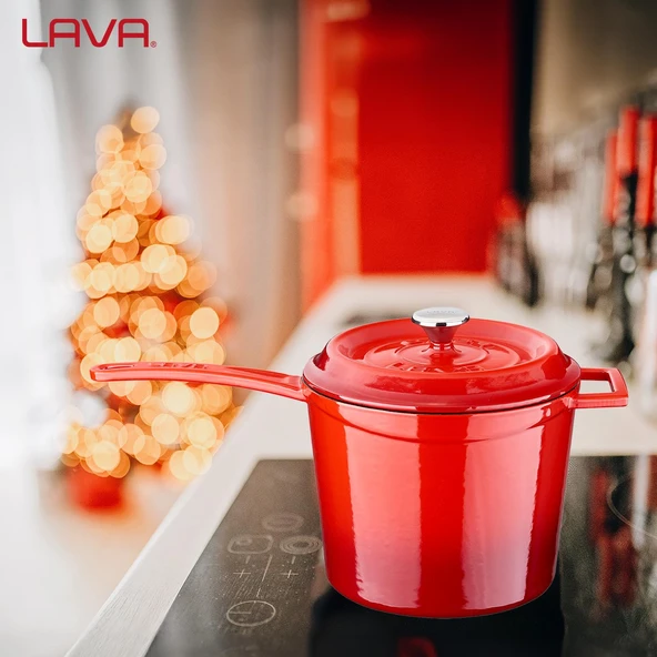Lava Döküm Yuvarlak Sos Tenceresi. Döküm Demir Yekpare Saplı Trendy Serisi Çap(Ø18 cm.  Kırmızı - Resim 6
