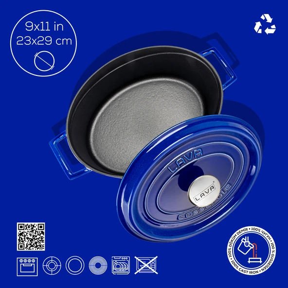 Lava Döküm Oval Tencere Döküm Demir Yekpare Kulplu Premium Serisi Ölçü 23x29cm.  Mavi - Resim 5