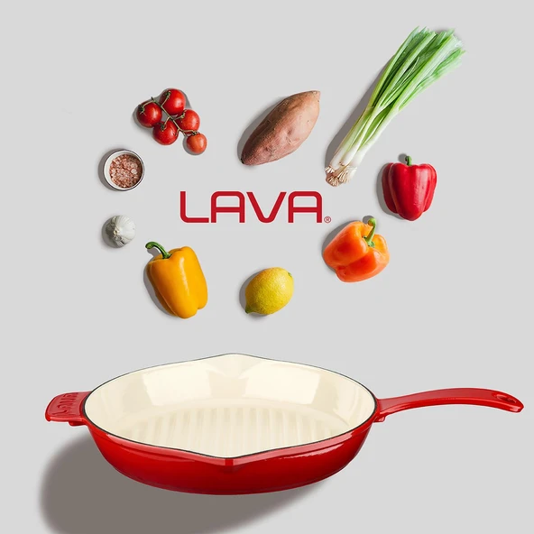 Lava Döküm Yuvarlak Izgara Tavası Döküm Demir Yekpare Saplı Edition Serisi Çap(Ø)28cm.  Kırmızı - Resim 7