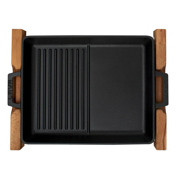 Lava Döküm Dikdörtgen Hibrit Izgara Tavası Kayın Servis Ahşabı Döküm Demir Yekpare Çift Kulplu Ölçü 26x32cm. - Resim 3