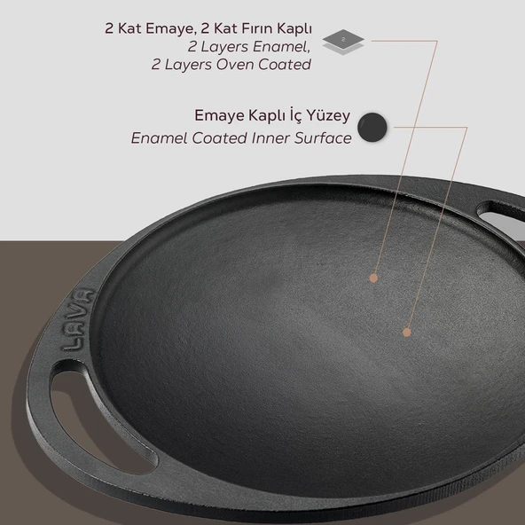Lava Döküm Yuvarlak Saç Kavurma Tavası Döküm Demir Yekpare Çift Kulplu Çap(Ø)20cm. - Resim 6