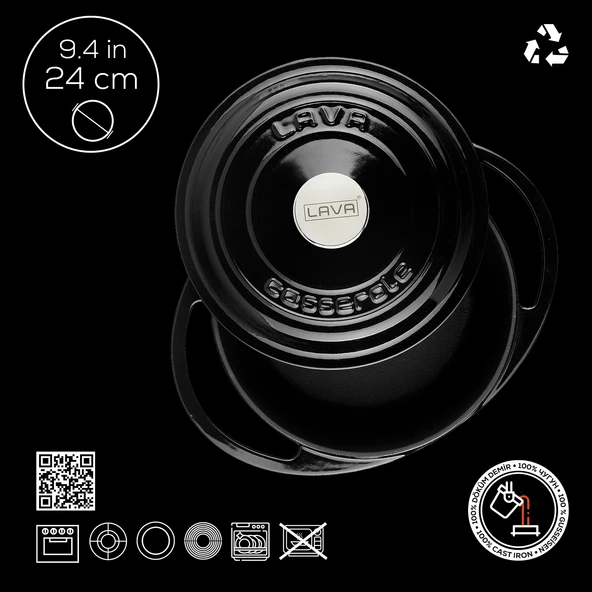 Lava Döküm Yuvarlak Tencere Döküm Demir Kapak Heritage Serisi Çap(Ø)24cm  Siyah - Resim 3