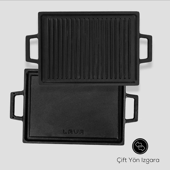 Lava Döküm Dikdörtgen Çift Yön Izgara Hot Plate Döküm Demir Yekpare Çift Kulplu Kayın Servis Ahşabı Ölçü 22x30cm. - Resim 3
