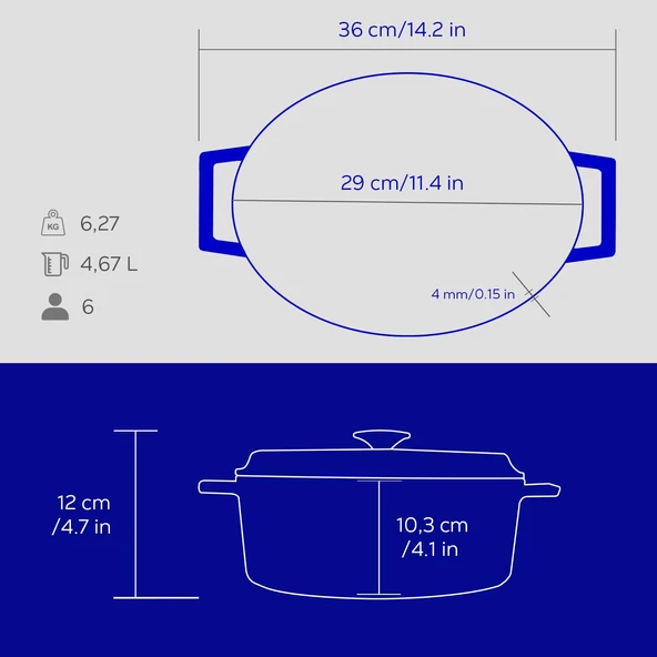 Lava Döküm Oval Tencere Döküm Demir Yekpare Kulplu Premium Serisi Ölçü 23x29cm.  Mavi - Resim 6