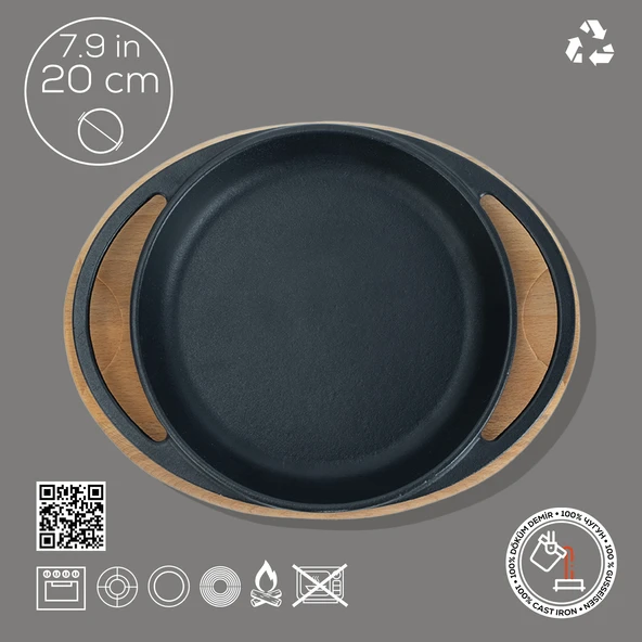 Lava Döküm Yuvarlak Sahan Döküm Demir Yekpare Çift Kulplu Kayın Servis Ahşabı Çap(Ø)20cm. - Resim 4