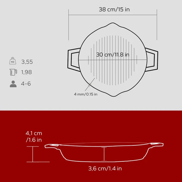 Lava Döküm Yuvarlak Izgara Tavası Döküm Demir Yekpare Çift Kulplu Çap(Ø)30cm.  Kırmızı - Resim 5