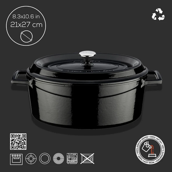 Lava Döküm Oval Tencere. Trendy Serisi Ölçü 21x27cm.  Siyah - Resim 4