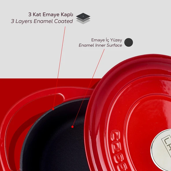 Lava Döküm Oval Tencere Döküm Demir Kapak Heritage Serisi Ölçü 22x28cm.  Kırmızı - Resim 7