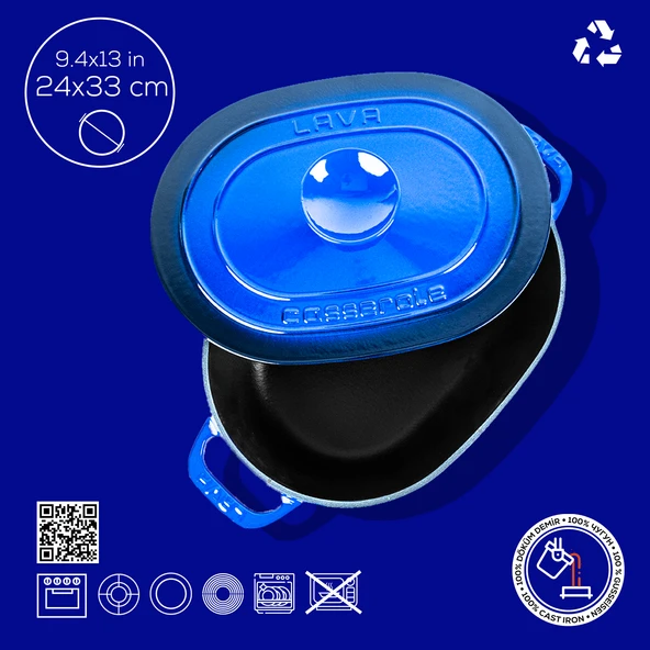 Lava Döküm Oval Tencere Döküm Demir Kapak Experience Serisi Ölçü 24x33cm.  Mavi - Resim 4