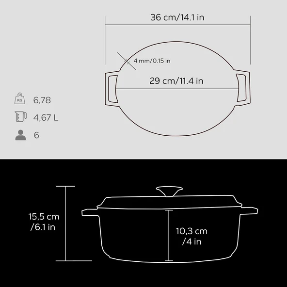Lava Döküm Oval Tencere. Trendy Serisi Ölçü 23x29cm.  Siyah - Resim 5