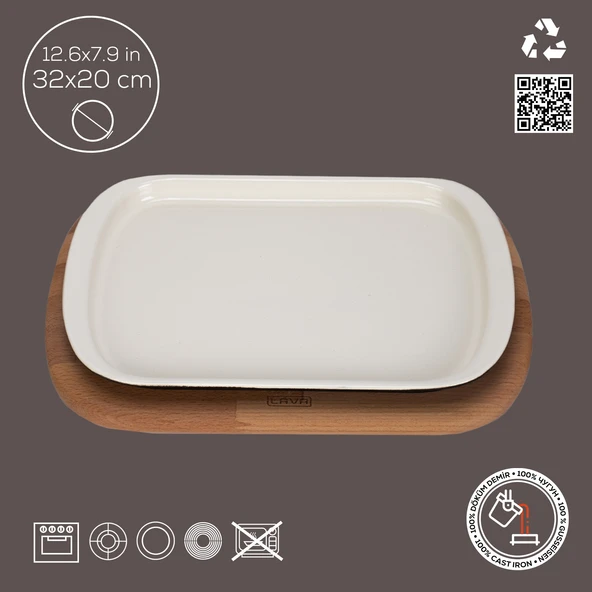 Lava Döküm Dikdörtgen Servis Tabağı ve Kayın Servis Ahşabı. Ölçü 32x20cm. - Resim 2