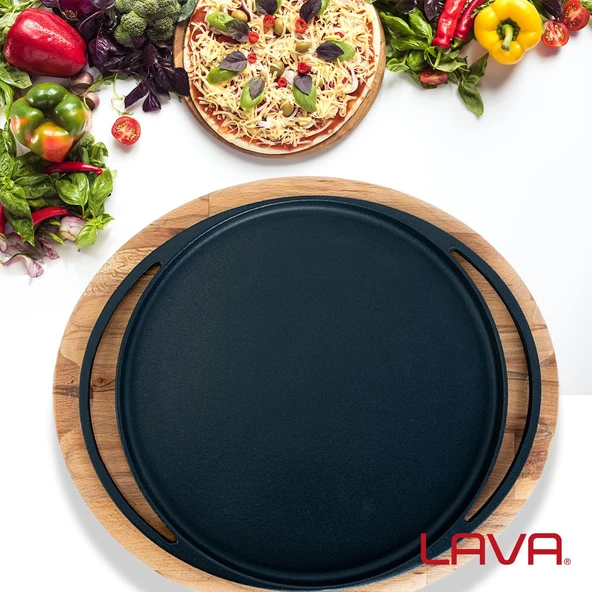 Lava Döküm Yuvarlak Pizza Krep Pankek Tavası Döküm Demir Yekpare Çift Kulplu Kayın Servis Ahşabı Çap(Ø)28cm. - Resim 7
