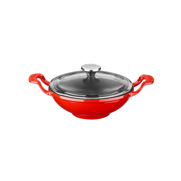 Lava Döküm Mini Wok Yekpare Kulplu Cam Kapaklı Çap(Ø)16cm.  Kırmızı