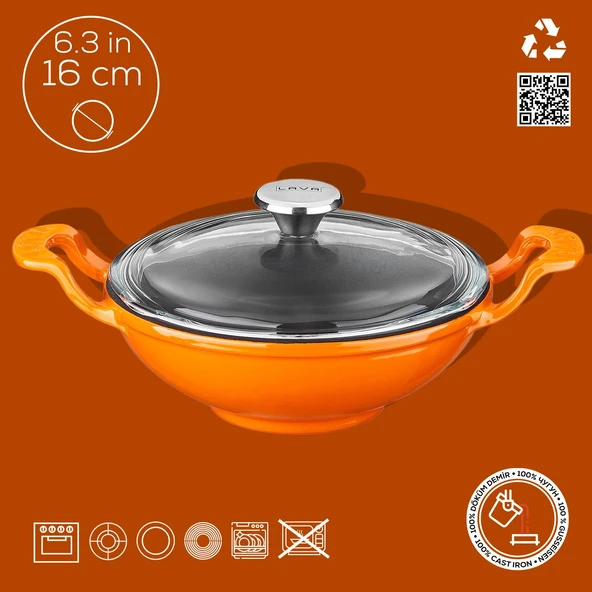 Lava Döküm Mini Wok Yekpare Kulplu Cam Kapaklı Çap(Ø)16cm.  Turuncu - 3