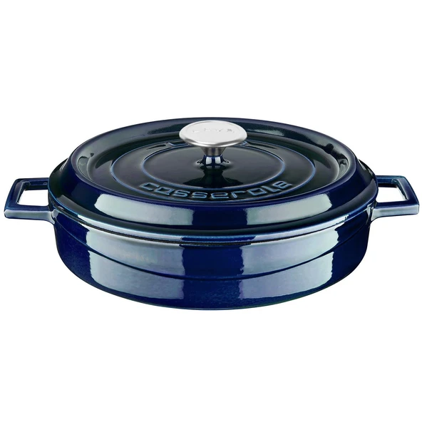 Lava Döküm Çok Amaçlı Yayvan Tencere Döküm Demir Yekpare Kulplu Premium Serisi Çap(Ø)28cm.  Mavi