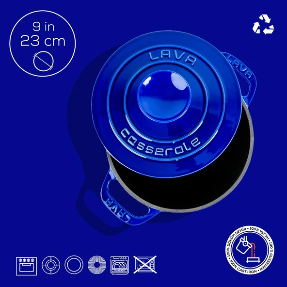 Lava Döküm Yuvarlak Tencere Döküm Demir Kapak Experience Majolik Serisi Çap(Ø)23cm  Mavi - Resim 4