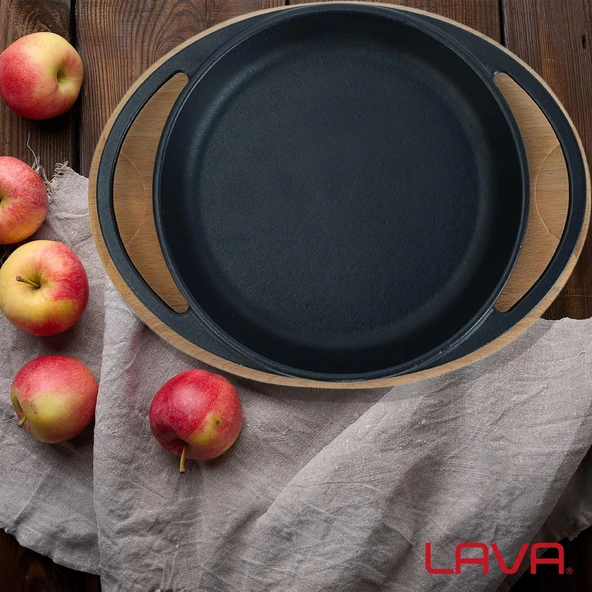 Lava Döküm Yuvarlak Sahan Döküm Demir Yekpare Çift Kulplu Kayın Servis Ahşabı Çap(Ø)20cm. - Resim 7