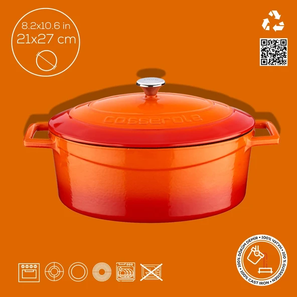 Lava Döküm Oval Tencere. Folk Serisi Ölçü 21x27cm.  Turuncu - Resim 4