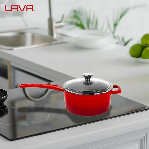 Lava Döküm Yuvarlak Sos Tenceresi Cam kapaklı, Metal Saplı. Glaze Serisi Çap(Ø16 cm.  Kırmızı - Resim 7