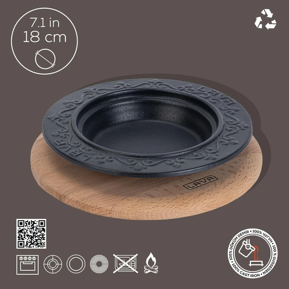 Lava Döküm Oval Döner Sos Tabağı Kayın Servis Ahşabı. Çap(Ø)18cm. - 2