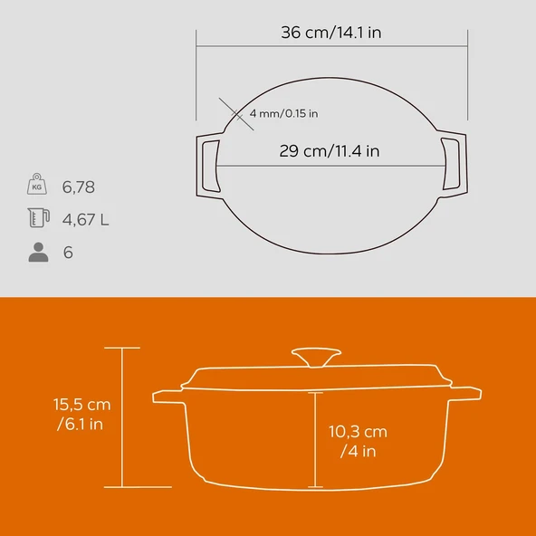 Lava Döküm Oval Tencere. Trendy Serisi Ölçü 23x29cm.  Turuncu - Resim 5