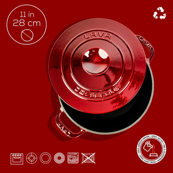 Lava Döküm Yuvarlak Tencere Döküm Demir Kapak Experience Majolik Serisi Çap(Ø)28cm  Kırmızı - Resim 4