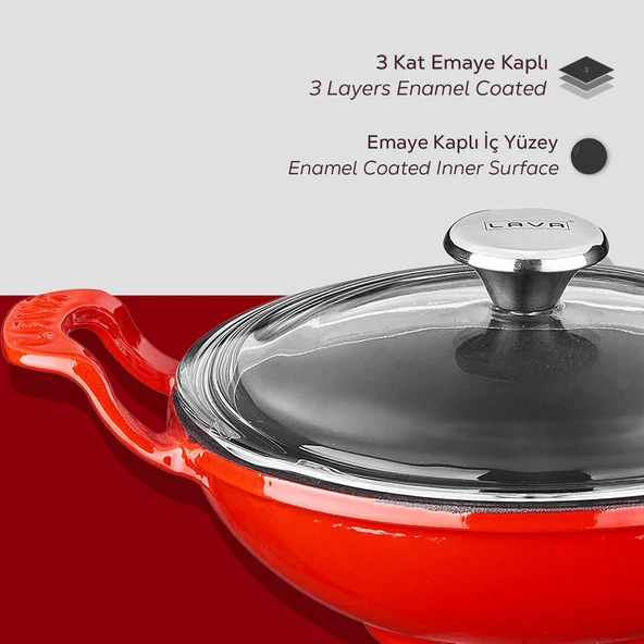 Lava Döküm Mini Wok Yekpare Kulplu Cam Kapaklı Çap(Ø)16cm.  Kırmızı - 5