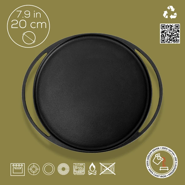 Lava Döküm Yuvarlak Pizza Krep Pankek Tavası Döküm Demir Yekpare Çift Kulplu Çap(Ø)20cm. - Resim 4